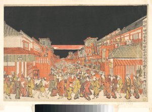 Perspektivtryck (Uki-e) av teatrarna i Sakaichō och Fukiyachō på öppningskvällen av Utagawa Toyoharu