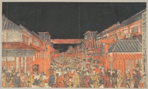 Bild av en Kaomise-teaterföreställning i Sakaichō och Fukiyachō av Utagawa Toyoharu