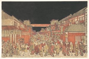 Vy över en kaomise-föreställning på Yoshibai-teatern i Sakaichō Fukiyachō av Utagawa Toyoharu