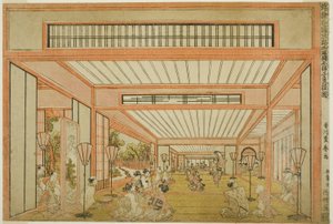 Utsikt över mottagningsrummen i Japan - Underhållning på råttans dag i modern stil (Uki-e wakoku keiseki ozashiki imayo ne no hi no asobi no zu)