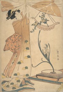 En kvinna som binder upp en gardin, ett blomsterarrangemang av krysantemum i en båtformad Ha..., ca. 1805. av Utagawa Toyohiro