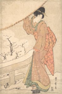 En ung kvinna i en snöstorm som bär ett tungt snöladdat paraply, ca. 1802..