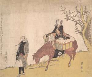 Version av Legend of Michizane: kvinna som rider häst som en man leder.