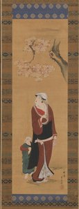 Kvinna och barn under ett körsbärsträd, sent 1700-tidigt 1800-tal. av Utagawa Toyohiro