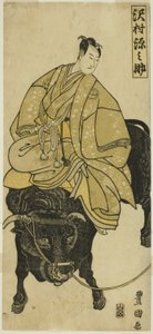 Skådespelare Sawamura Gennosuke rider på oxe som Sugawara no Michizane av Utagawa Toyokuni I