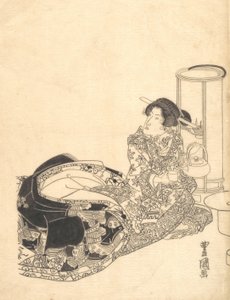 Kurtisan eller skådespelare som kurtisan som häller te i ljuset av en lykta. av Utagawa Toyokuni I