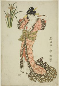 Iris: skönhetsarrangerande hår, från en namnlös serie av skönheter och blommor av Utagawa Toyokuni I
