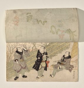 Kabuki-scenen med ett gardinlyft för att avslöja tre Kabuki-skådespelare av Utagawa Toyokuni I