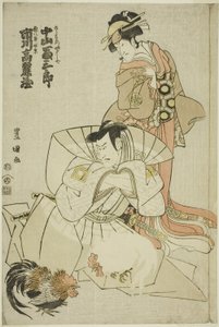 Skådespelarna Ichikawa Komazo III som Akuhachiro Tokikage och Nakayama Tomisaburo I som Yushide, syster till Rokurozaemon, i pjäsen "Hana to Mimasu Yoshino no Miyuki", uppträdde på Nakamura Theatre i elfte månaden, 1798 av Utagawa Toyokuni I