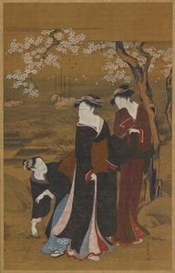 Tre kvinnor under ett blommande körsbärsträd vid havet, 1769-1825. av Utagawa Toyokuni I
