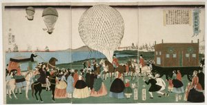 Ballongflygning i Amerika, pub. 1865 (handfärgat träsnitt) av Utagawa Yoshitora