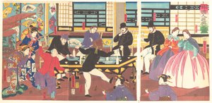 Utlänningar som åtnjuter en fest, 1:a månaden, 1861. av Utagawa Yoshitora