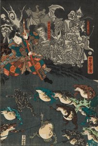 Nikushi the Frog Spirit trollar fram ett magiskt grodorslag vid Tateyama i Etchu-provinsen, 1864 av Utagawa Yoshitora