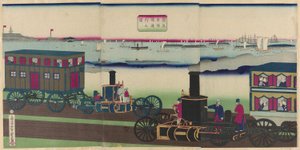 Bild på ånglok som reser (Jokisha rikudo tsuko no zu) av Utagawa Yoshitora