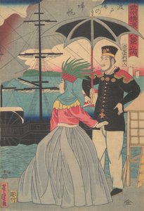 Returning Sails at the Wharves [amerikanskt par], 1:a månaden, 1861. av Utagawa Yoshitora