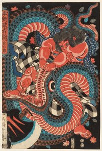 Kintarō brottas med en orm av Utagawa Yoshituya