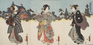 Scen från Genji monogatari (Tale of Genji) av Murasaki Shibuku (f. 978) ca. 1860 (trätryck i färg)