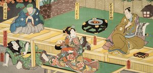 Scen från Genji monogatari (Tale of Genji) av Murasaki Shibuku (f. 978) ca. 1860 (trätryck i färg)