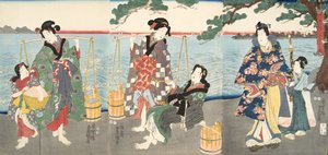 Scen från Genji monogatari (Tale of Genji) av Murasaki Shibuku (f. 978) ca. 1860 (trätryck i färg)