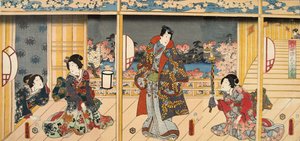 Scen från Genji monogatari (Tale of Genji) av Murasaki Shibuku (f. 978) ca. 1860 (trätryck i färg)