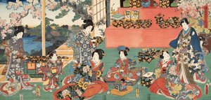 Scen från Genji monogatari (Tale of Genji) av Murasaki Shibuku (f. 978) ca. 1860 (trätryck i färg)