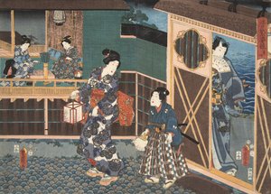 Scen från Genji monogatari (Tale of Genji) av Murasaki Shibuku (f. 978) ca. 1860 (trätryck i färg)