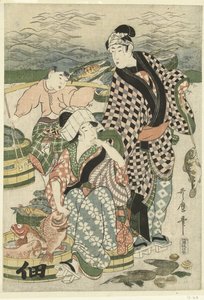 Utsikt över fiskmarknaden på stranden i Shiba [Shiba] no ura uoichi no zu av Utamaro (II) , Kitagawa