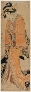 Geisha som står bredvid ett Shamisen-fodral, ca. 1810.