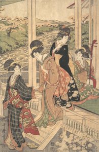 Grupp kvinnor på Engawa i ett hus på landet, under körsbärsblomningens tid,..., ca. 1806.