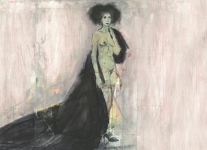 Dramatisk nakenfigur i mantel av Ute Rathmann