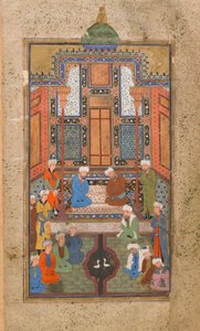 Palatsscen i en Tuhfat al-Ahrar (de frias gåva) Bukhara, Uzbekistan, uzbekisk period, ca 1540 (ogenomskinlig akvarell, bläck och guld på papper)