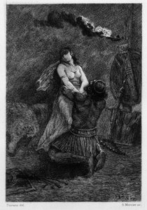 Han låg på knä, på golvet, framför henne. Illustration av V.A. Poirson (1890) för romanen "Salammbo" av Gustave Flaubert, som tog som ram legosoldatkriget vid tiden för det första puniska kriget (246-241 f.Kr.) mellan romarna och Kartago.