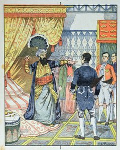 The Dey of Algiers, Hussein ibn El Hussein slår den franska ambassadören M. Deval med ett fan, 27 april 1827, omslaget till en skolbok, 1891