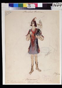 Kostymdesign för operan ""Trollflöjten"" av Wolfgang Amadeus Mozart (1756-1791)(Dräktdesign för operan ""die Zauberflote"" av W A Mozart). Verk av V.Bushina (början av 1800-talet). Akvarell, gouache och guld på papper av V. Bushina