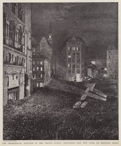 Newspaper Row, New York City, natten till det amerikanska presidentvalet, 8 november 1892 (litho) av V. Perard