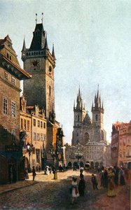 Vy över Staromestsky Rynk med stadshuset och Vår Fru-kyrkan före Tyn, från "Stara Praha" (Gamla Prag) ca 1900 (färglitografi)