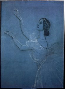 Ballerinan Anna Pavlova (1882-1931) i baletten "Sylphides" av Frederic Chopin (1810-1849) (detalj). Verk av Valentin Alexandrovich Serov (1865-1911), tempera och krita på duk av Valentin Aleksandrovich Serov