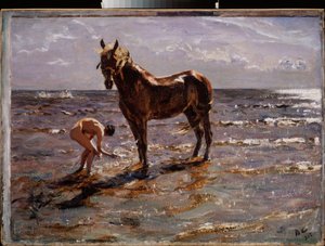 Hästens bad. (Ung naken man plaskar en häst, två andra figurer springer ut till havet). Målning av Valentin Alexandrovich Serov (1865-1911), olja på duk