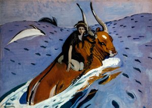Bortförandet av Europa. Den vackra feniciska prinsessan är på ryggen av Zeus, omvandlad till en tjur, som tar henne ut i havet, omgiven av delfiner. Målning av Valentin Alexandrovich Serov (1865-1911), olja på duk