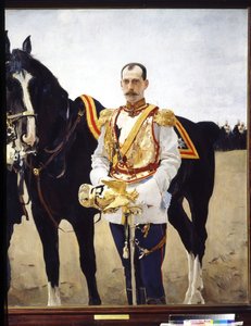 Porträtt av storhertig Paul Alexandrovich av Ryssland (1860-1919). (Porträtt av storhertigen Paul Alexandrovich av Ryssland). I uniformen av en officer av kavalleriet i den kejserliga ryska armén, nära sin häst. Målning av Valentin Alexandrovich Serov ( av Valentin Aleksandrovich Serov