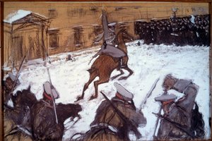 Röda söndagen (Bloody Sunday) i S:t Petersburg: "Militärt förtryck under 1905 års demonstrationer i S:t Petersburg" Tsar Nikolaj II:s kavalleri går till attack mot de grevister som fredligt kom för att protestera framför Vinterpalatset den 22 januari 1905. av Valentin Aleksandrovich Serov
