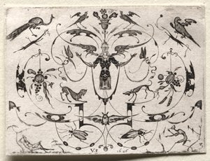 Arabesque med påfågel, parakit, hundar och insekter av Valentin Sezenius