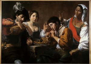 Möte i en kabaré Målning av Valentin de Boulogne (1591-1632) 1600-talet sön. 0,96x1,33 m av Valentin de Boulogne