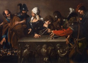 Förnekelsen av Sankt Peter, av Valentin de Boulogne (1591-1632). Olja på duk, ca. 1616-1617. Mått: 171,5x241 cm. Roberto Longhi Art History Studies Foundation, Florens