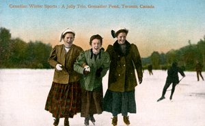 Canadian Winter Sports: A Jolly Trio, Grenadier Pond, Toronto, Kanada, 1900-talet. av Valentine and Sons Publishing Co