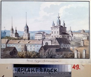 Utsikt över staden Arkhangelsk (Ryssland) (Utsikt över staden Arkhangelsk). Verk av Valeri Yemelyanovich Galyamin (1794-1855), akvarell på papper av Valeri Yemelyanovich Galyamin
