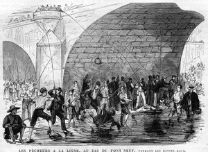 fiskaren har linan längst ner på bron nio i paris 1868 under lågvattnet. teckning av Desroches - Valnay. av Valnay Pere et fils