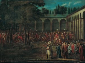 Ambassadörsdelegationen passerar genom den andra gården till Topkapı-palatset, 1720-talet