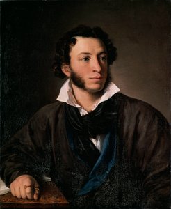 Porträtt av författaren Alexander Pushkin (Porträtt av författaren Alexander Pushkin) - Målning av Vasili Andrejevitj Tropinin (Vassili Tropinin) (1776-1857), olja på duk