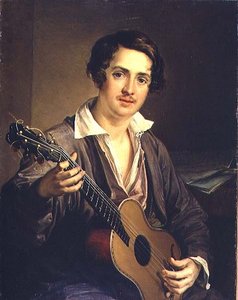 Gitarrspelaren: Porträtt av den virtuos gitarristen Vladimir Ivanovich Morkov (1803-64) 1839 (olja på duk)